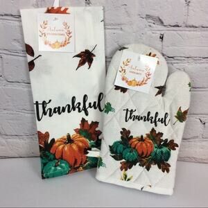 “Thankful" Pumpkins 2 Piece Fall Kitchen Set Dish Towel Oven Mitt Teal Orange